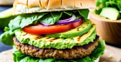 vegan burger recipe with whole wheat bread, avocado and lettuce